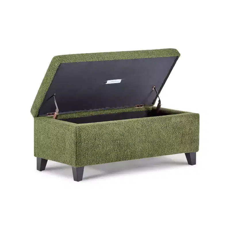 Pouf de rangement rembourré en bouclé vert, couvercle rabattable, 1 place