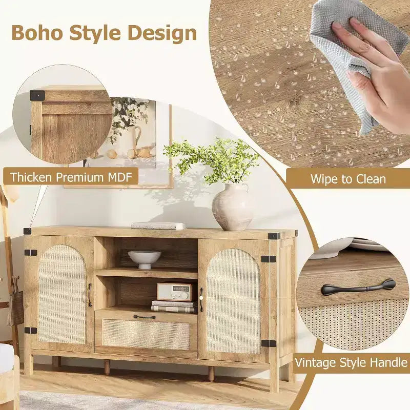 Bahut devant en rotin de 120 cm avec 2 portes, tiroir et étagère réglable – Finition bois noir