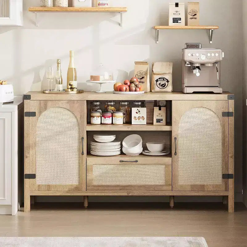Bahut devant en rotin de 120 cm avec 2 portes, tiroir et étagère réglable – Finition bois noir