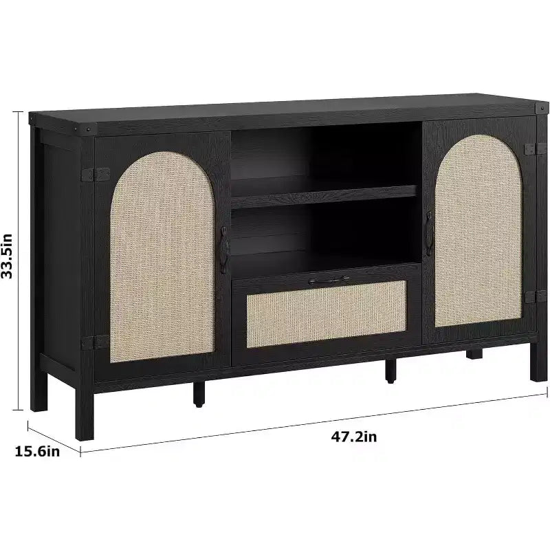 Bahut devant en rotin de 120 cm avec 2 portes, tiroir et étagère réglable – Finition bois noir