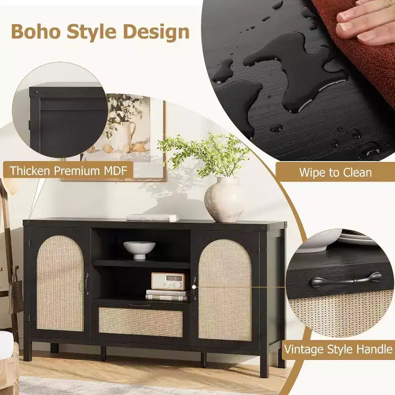 Bahut devant en rotin de 120 cm avec 2 portes, tiroir et étagère réglable – Finition bois noir