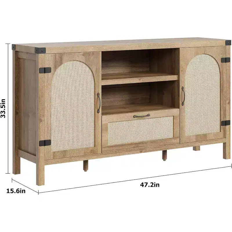 Bahut devant en rotin de 120 cm avec 2 portes, tiroir et étagère réglable – Finition bois noir