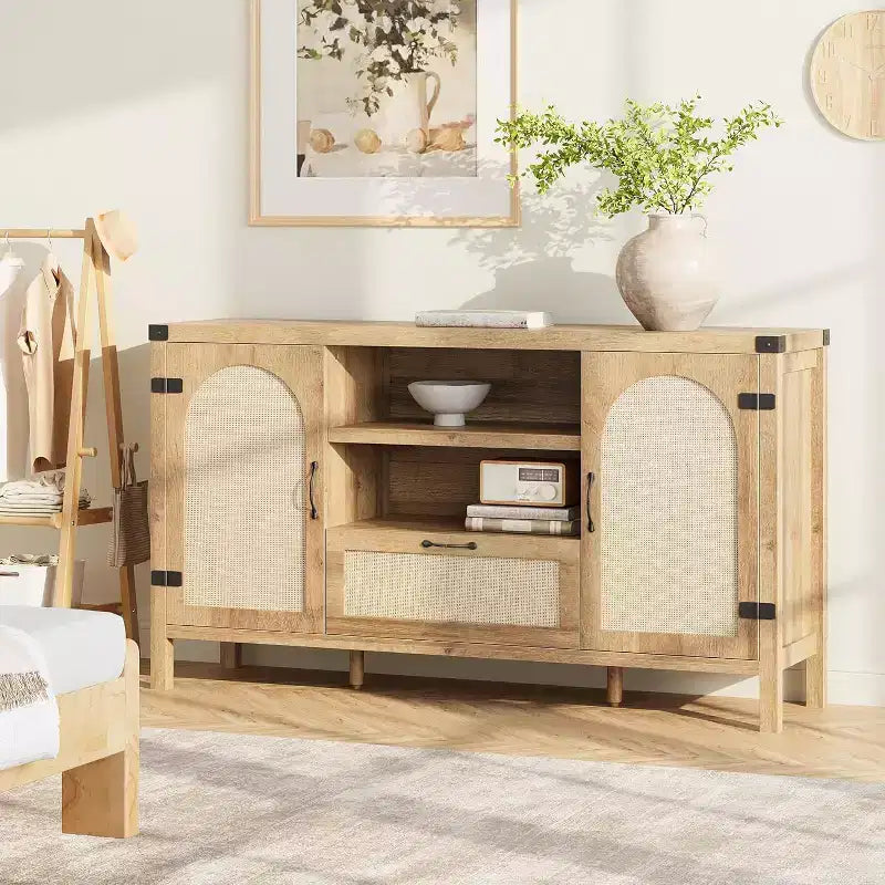 Bahut devant en rotin de 120 cm avec 2 portes, tiroir et étagère réglable – Finition bois noir