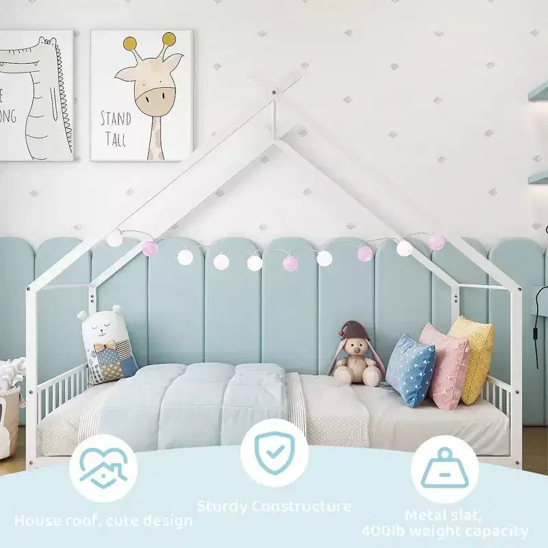 Cadre de lit en métal en forme de maison rose/blanc, lit simple, pour 1 enfant