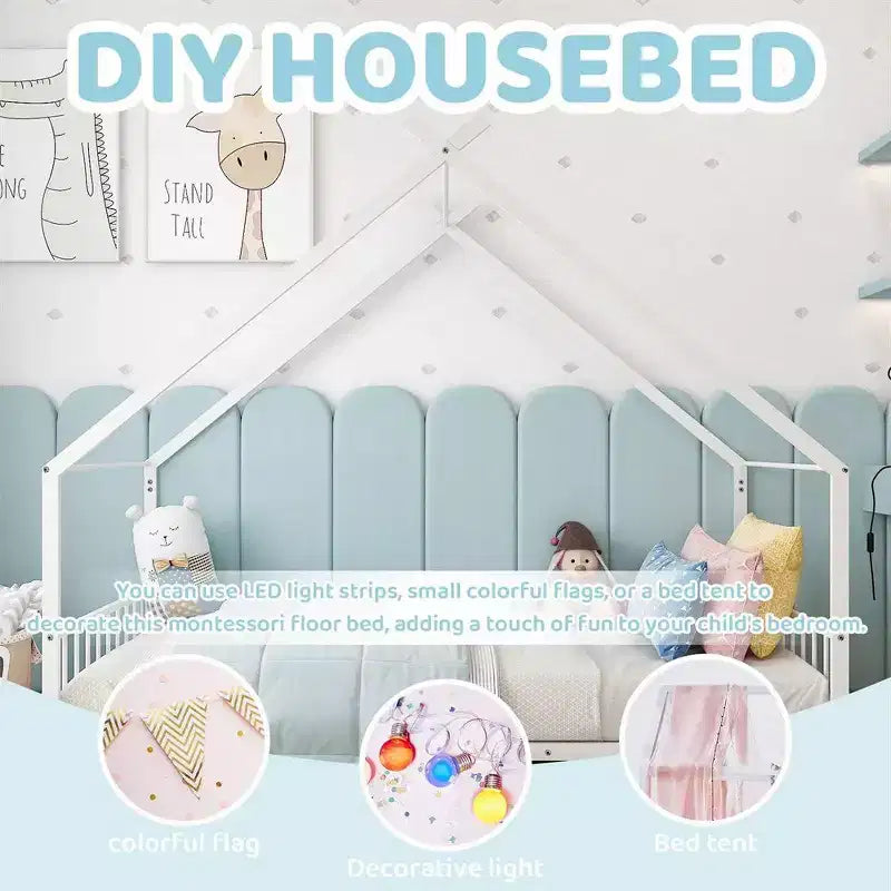 Cadre de lit en métal en forme de maison rose/blanc, lit simple, pour 1 enfant