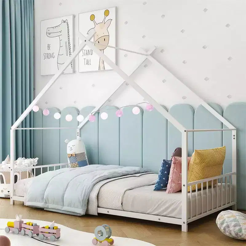 Cadre de lit en métal en forme de maison rose/blanc, lit simple, pour 1 enfant
