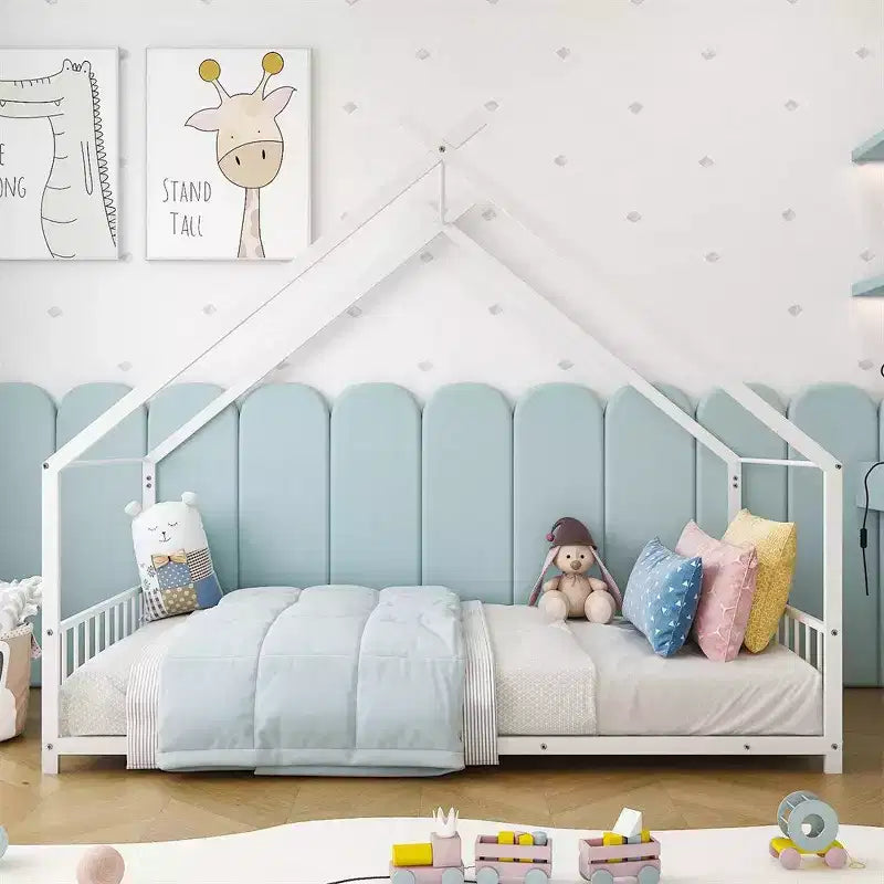 Cadre de lit en métal en forme de maison rose/blanc, lit simple, pour 1 enfant