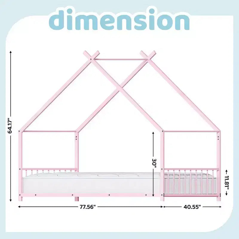 Cadre de lit en métal en forme de maison rose/blanc, lit simple, pour 1 enfant