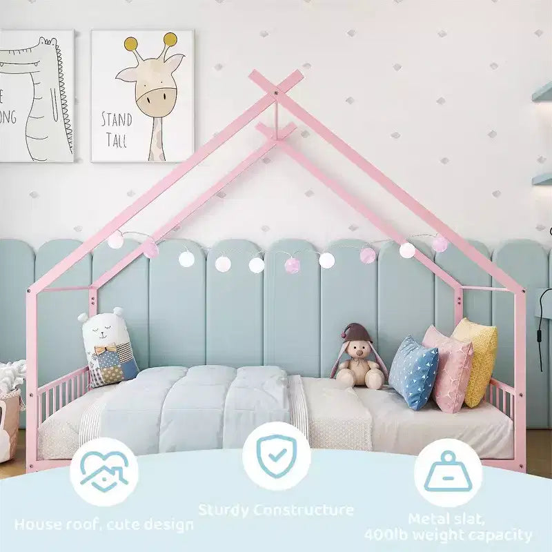 Cadre de lit en métal en forme de maison rose/blanc, lit simple, pour 1 enfant