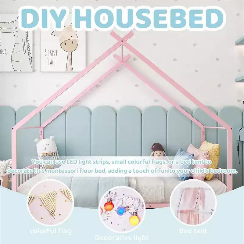 Cadre de lit en métal en forme de maison rose/blanc, lit simple, pour 1 enfant