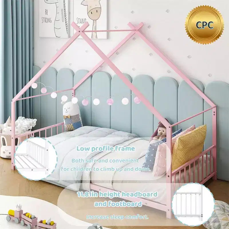 Cadre de lit en métal en forme de maison rose/blanc, lit simple, pour 1 enfant