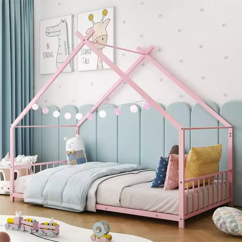 Cadre de lit en métal en forme de maison rose/blanc, lit simple, pour 1 enfant