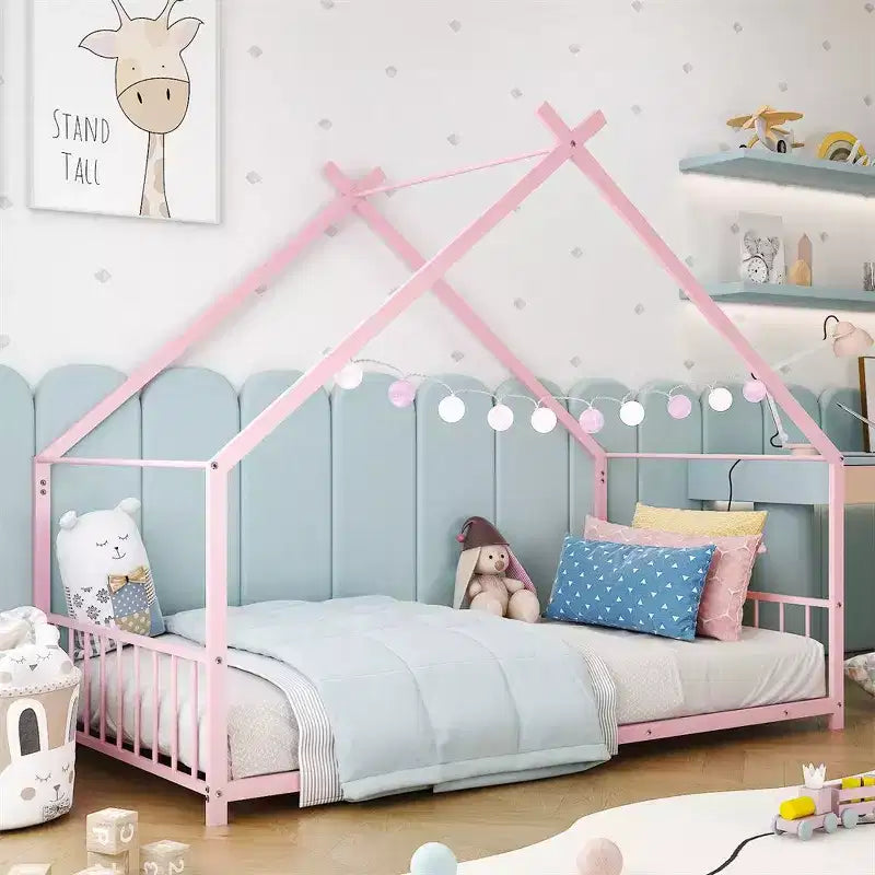 Cadre de lit en métal en forme de maison rose/blanc, lit simple, pour 1 enfant