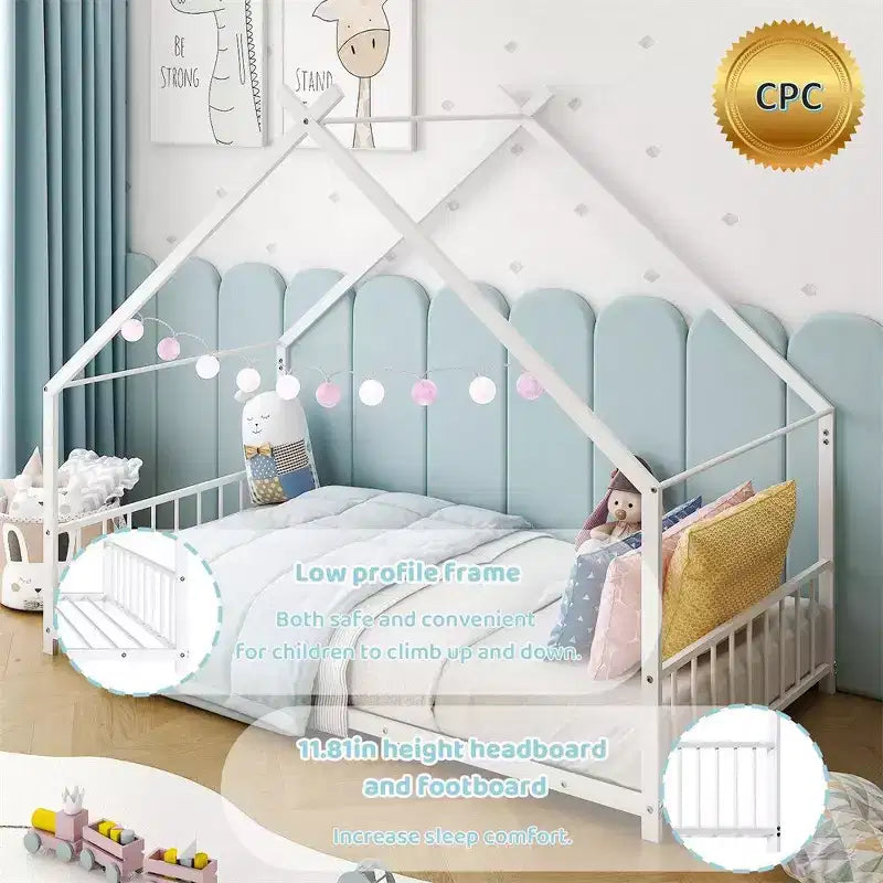 Cadre de lit en métal en forme de maison rose/blanc, lit simple, pour 1 enfant