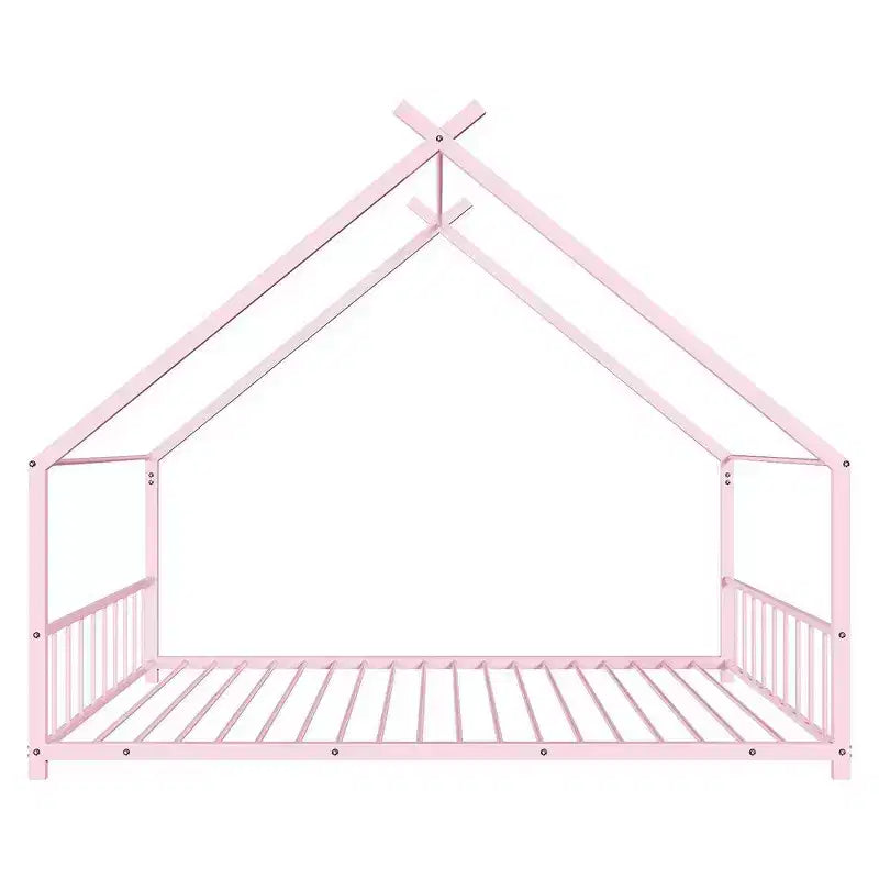 Cadre de lit en métal en forme de maison rose/blanc, lit simple, pour 1 enfant