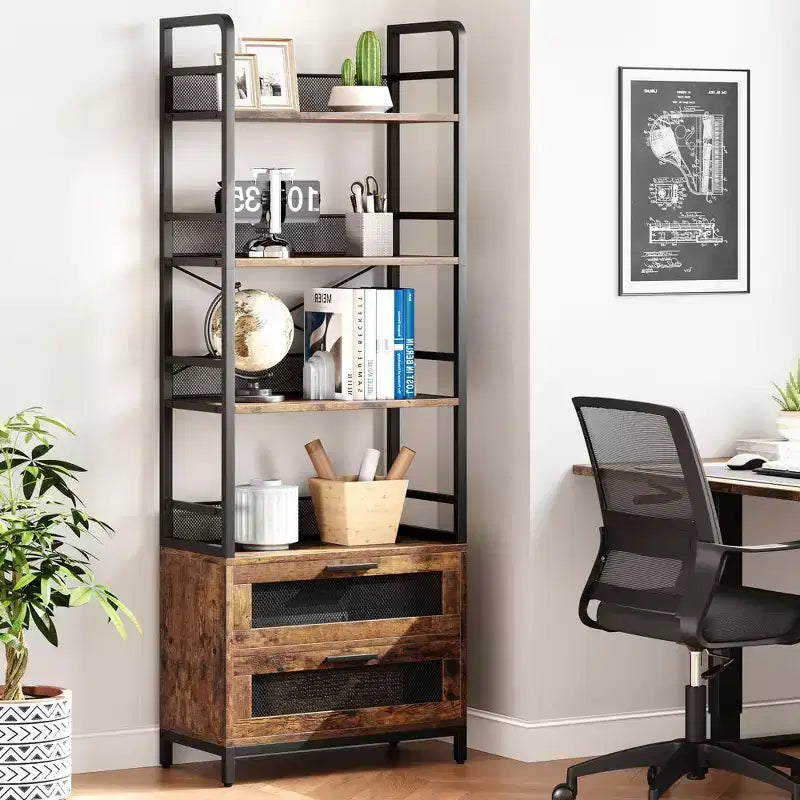 Étagère rustique noire trapézoïdale avec 4 tablettes et 2 tiroirs en maille, assemblage par 1 personne