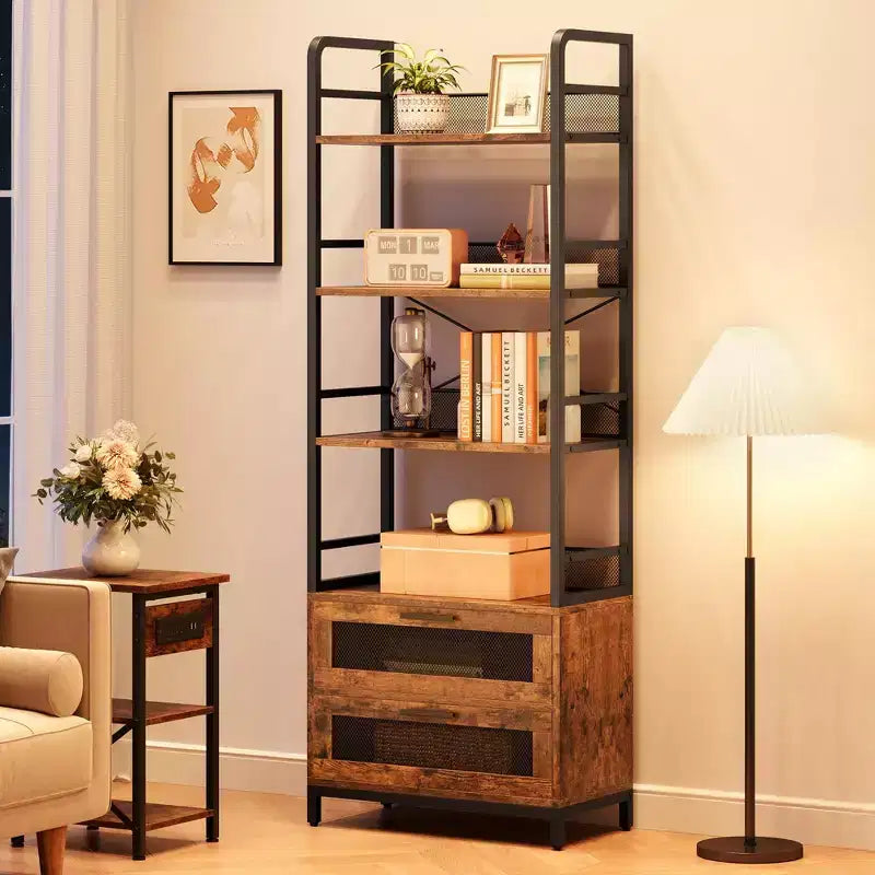 Étagère rustique noire trapézoïdale avec 4 tablettes et 2 tiroirs en maille, assemblage par 1 personne
