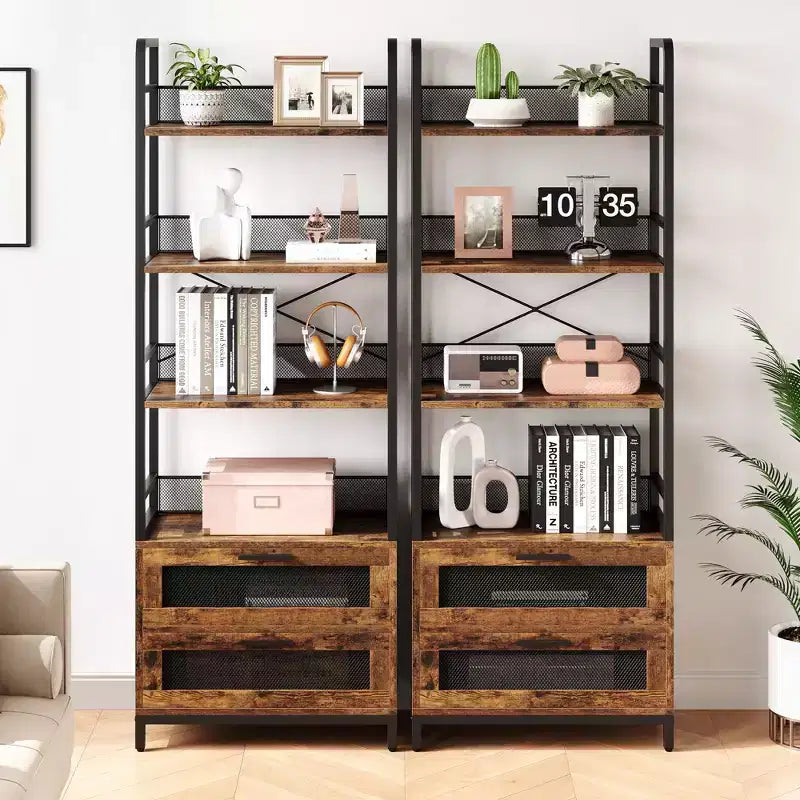 Étagère rustique noire trapézoïdale avec 4 tablettes et 2 tiroirs en maille, assemblage par 1 personne