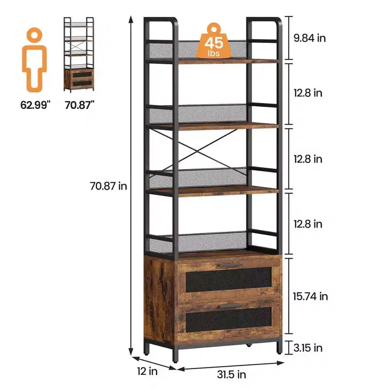 Étagère rustique noire trapézoïdale avec 4 tablettes et 2 tiroirs en maille, assemblage par 1 personne