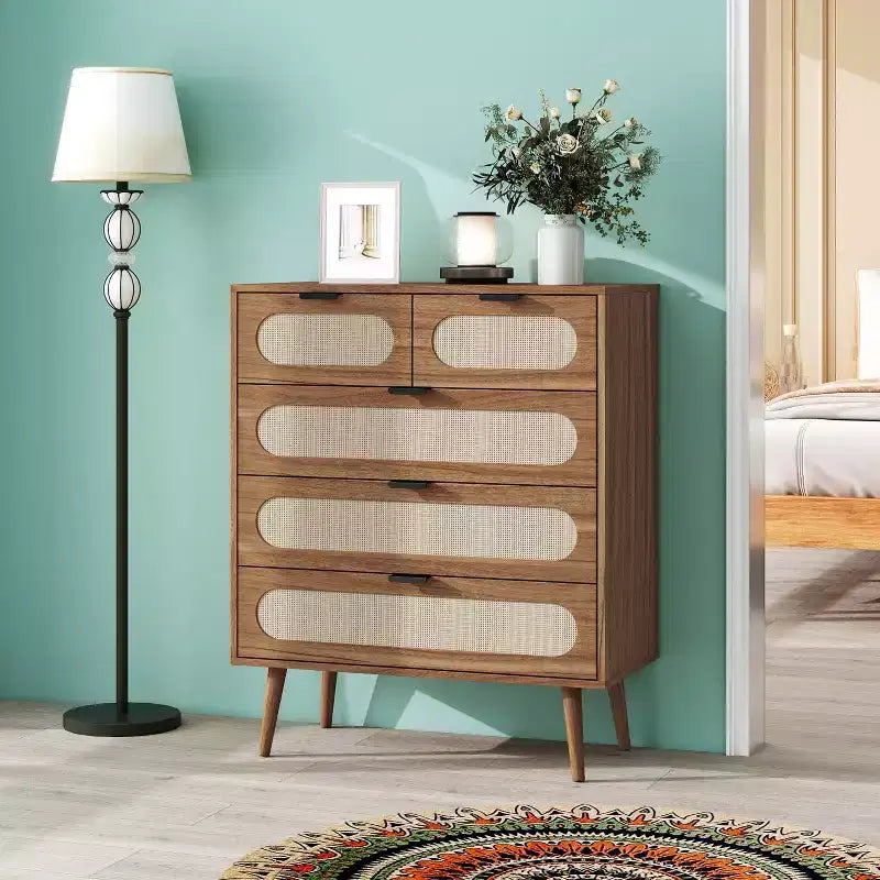 Commode d'appoint à 5 tiroirs en noyer pour adultes