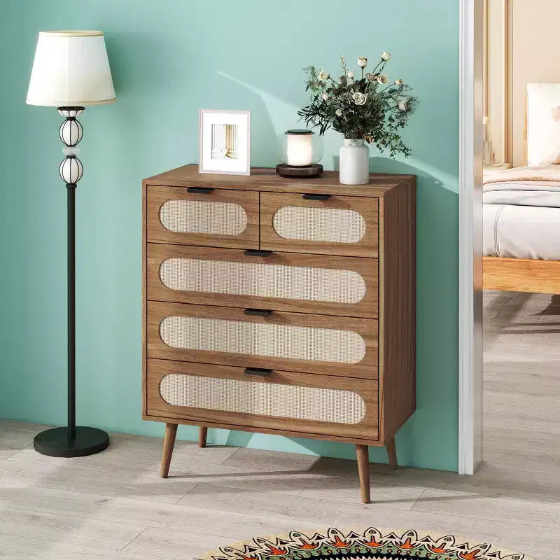 Commode d'appoint à 5 tiroirs en noyer pour adultes