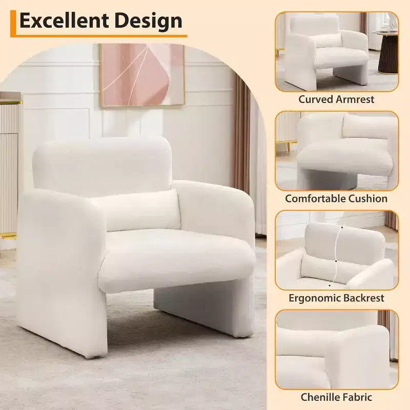 Fauteuil d'appoint en chenille crème, style moderne minimaliste, une place