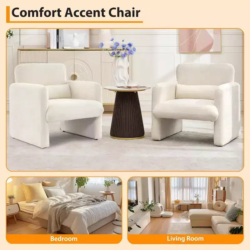 Fauteuil d'appoint en chenille crème, style moderne minimaliste, une place