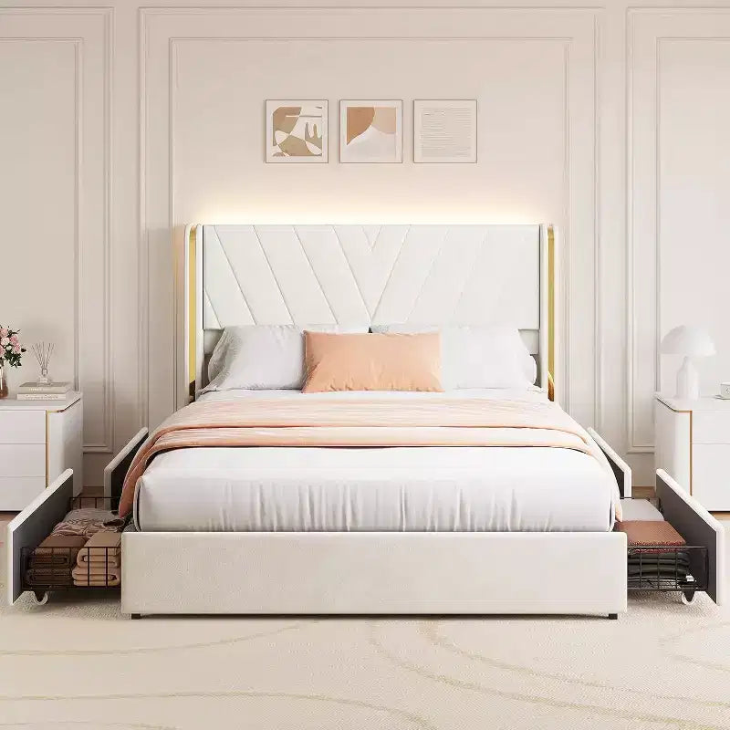 Acekool Queen Bed - LED Lights & Storage Drawers
