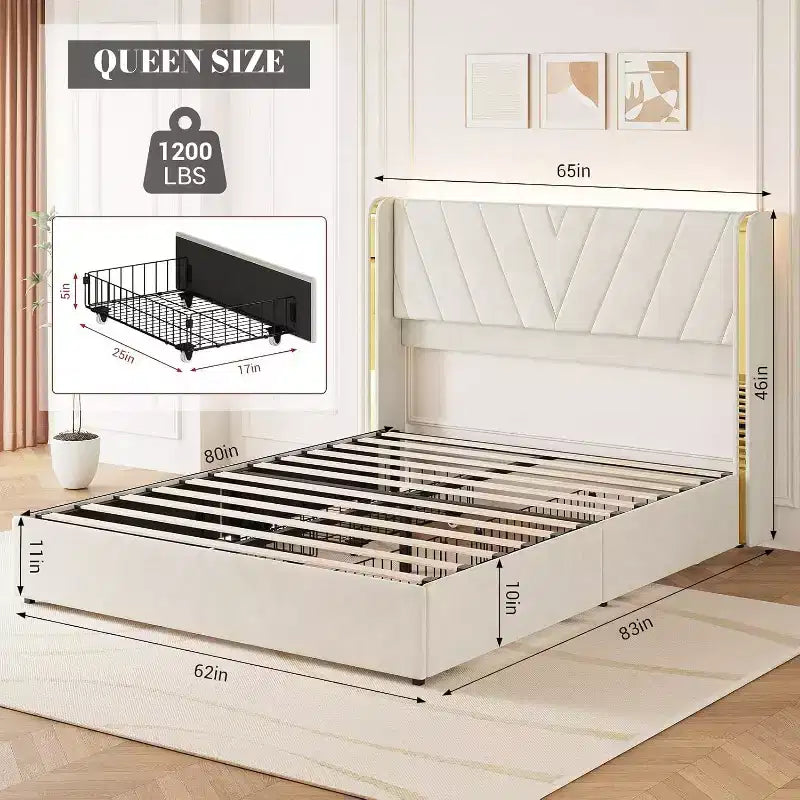 Lit capitonné Queen avec tête de lit capitonnée, lumières LED et 4 tiroirs de rangement (bleu marine/anthracite)