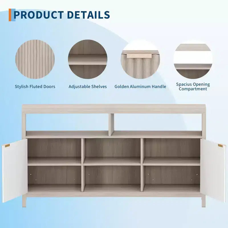 Meuble TV haut de style scandinave en chêne/frêne, 150 cm, compatible avec les TV de 50 à 65 pouces, montage par 1 personne