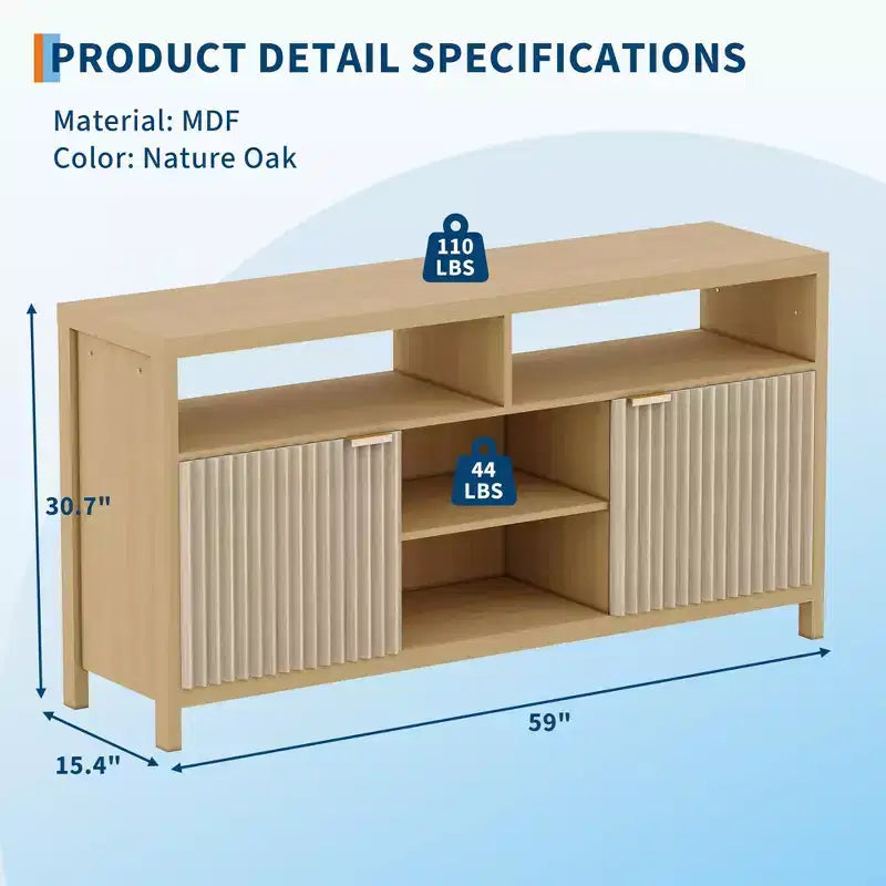 Meuble TV haut de style scandinave en chêne/frêne, 150 cm, compatible avec les TV de 50 à 65 pouces, montage par 1 personne