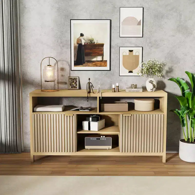 Meuble TV haut de style scandinave en chêne/frêne, 150 cm, compatible avec les TV de 50 à 65 pouces, montage par 1 personne