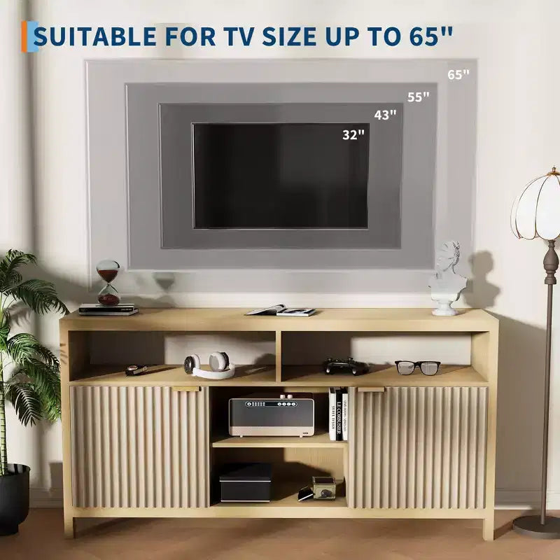 Meuble TV haut de style scandinave en chêne/frêne, 150 cm, compatible avec les TV de 50 à 65 pouces, montage par 1 personne
