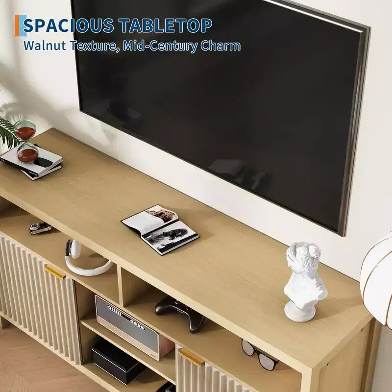 Meuble TV haut de style scandinave en chêne/frêne, 150 cm, compatible avec les TV de 50 à 65 pouces, montage par 1 personne