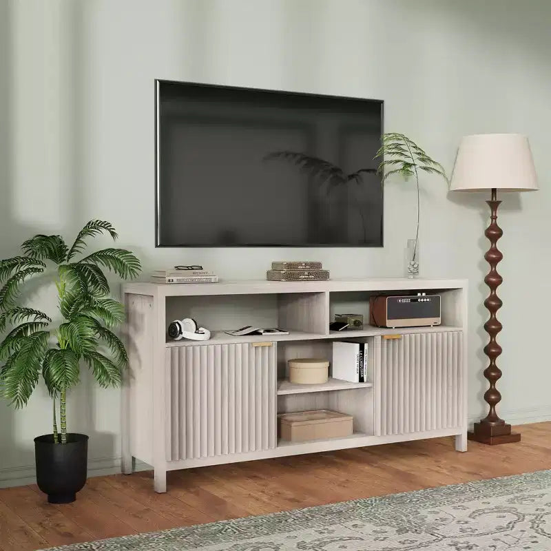 Meuble TV haut de style scandinave en chêne/frêne, 150 cm, compatible avec les TV de 50 à 65 pouces, montage par 1 personne