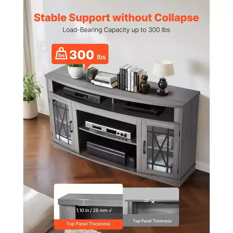 Meuble TV gris avec portes en verre et éclairage LED, convient jusqu'à 65 po