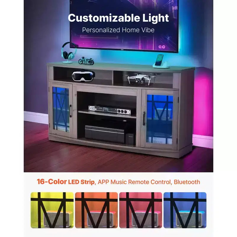 Meuble TV gris avec portes en verre et éclairage LED, convient jusqu'à 65 po