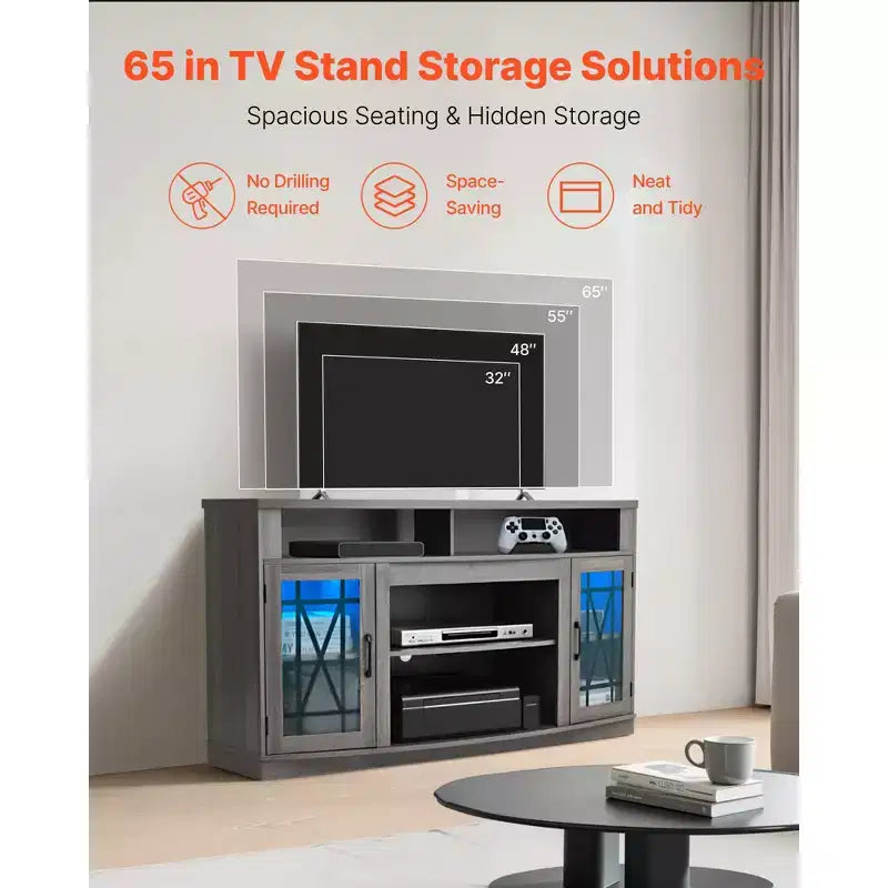 Meuble TV gris avec portes en verre et éclairage LED, convient jusqu'à 65 po