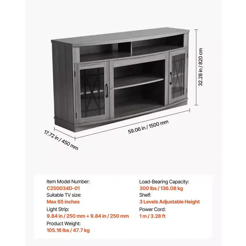 Meuble TV gris avec portes en verre et éclairage LED, convient jusqu'à 65 po