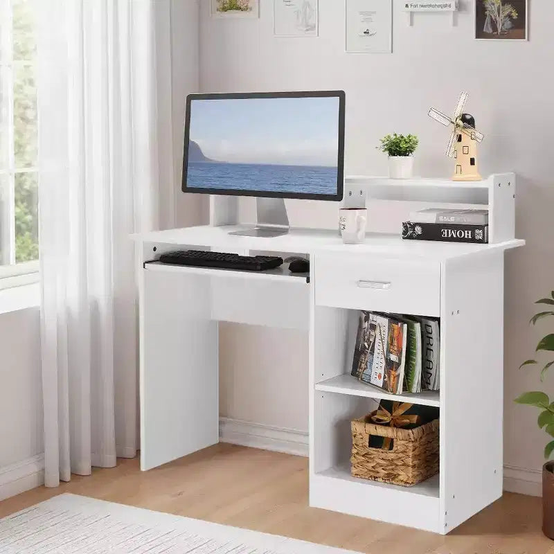 Bureau informatique blanc avec étagère de rangement et tiroir, simple