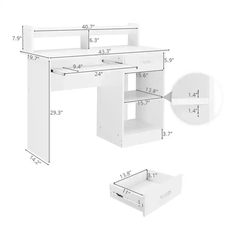 Bureau informatique blanc avec étagère de rangement et tiroir, simple