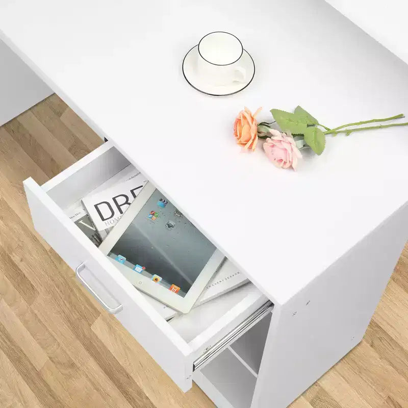 Bureau informatique blanc avec étagère de rangement et tiroir, simple