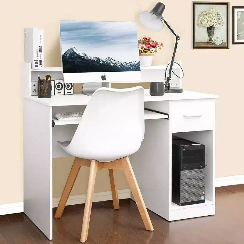 Bureau informatique blanc avec étagère de rangement et tiroir, simple