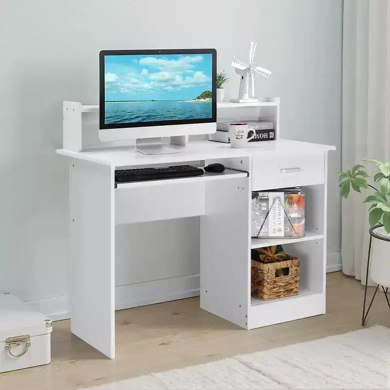 Bureau informatique blanc avec étagère de rangement et tiroir, simple