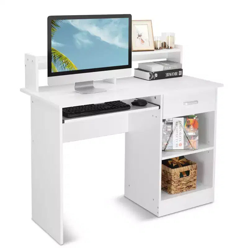 Bureau informatique blanc avec étagère de rangement et tiroir, simple