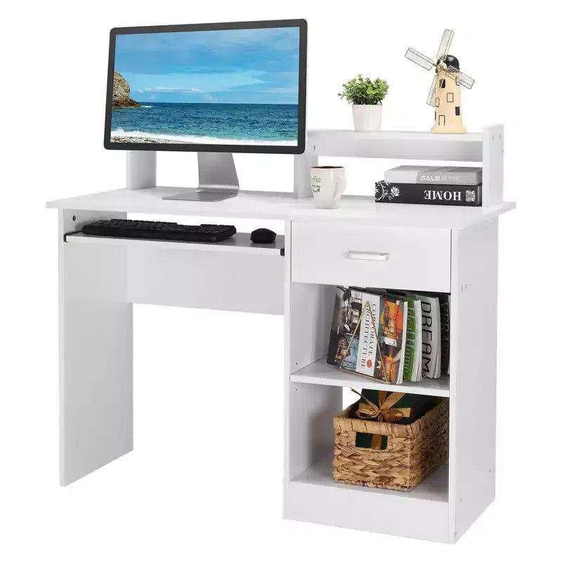 Bureau informatique blanc avec étagère de rangement et tiroir, simple