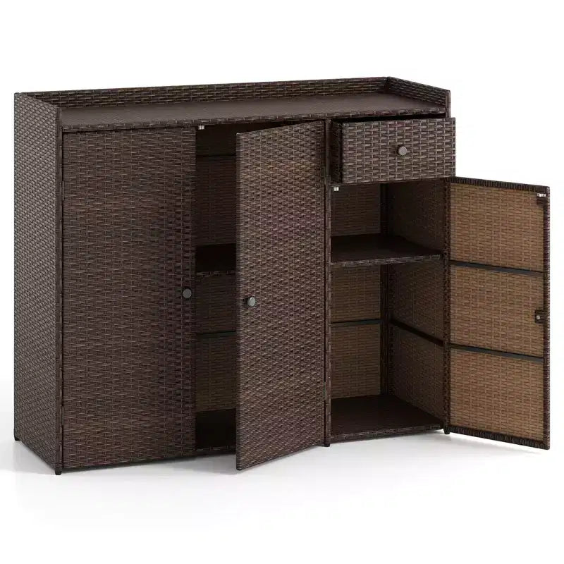 Armoire de rangement d'extérieur 3 portes avec tiroir en rotin marron mélangé – Montage par 1 personne