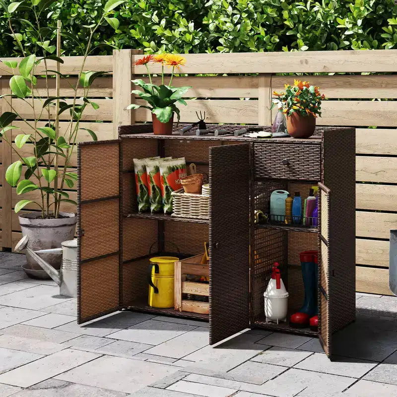 Armoire de rangement d'extérieur 3 portes avec tiroir en rotin marron mélangé – Montage par 1 personne