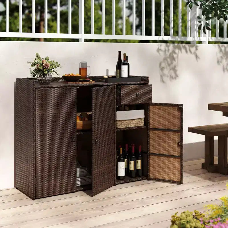 Armoire de rangement d'extérieur 3 portes avec tiroir en rotin marron mélangé – Montage par 1 personne