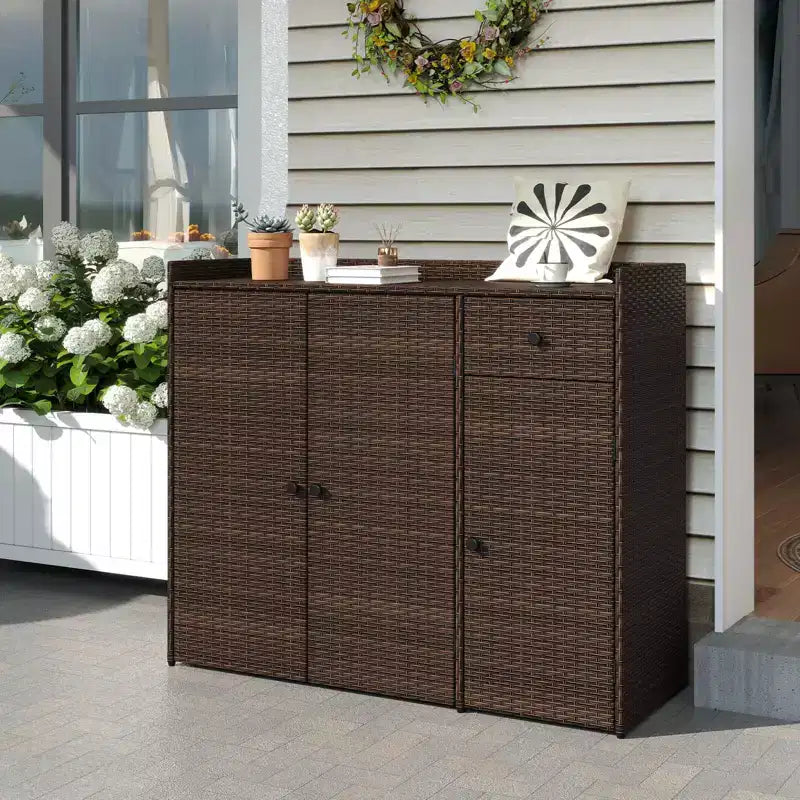 Armoire de rangement d'extérieur 3 portes avec tiroir en rotin marron mélangé – Montage par 1 personne